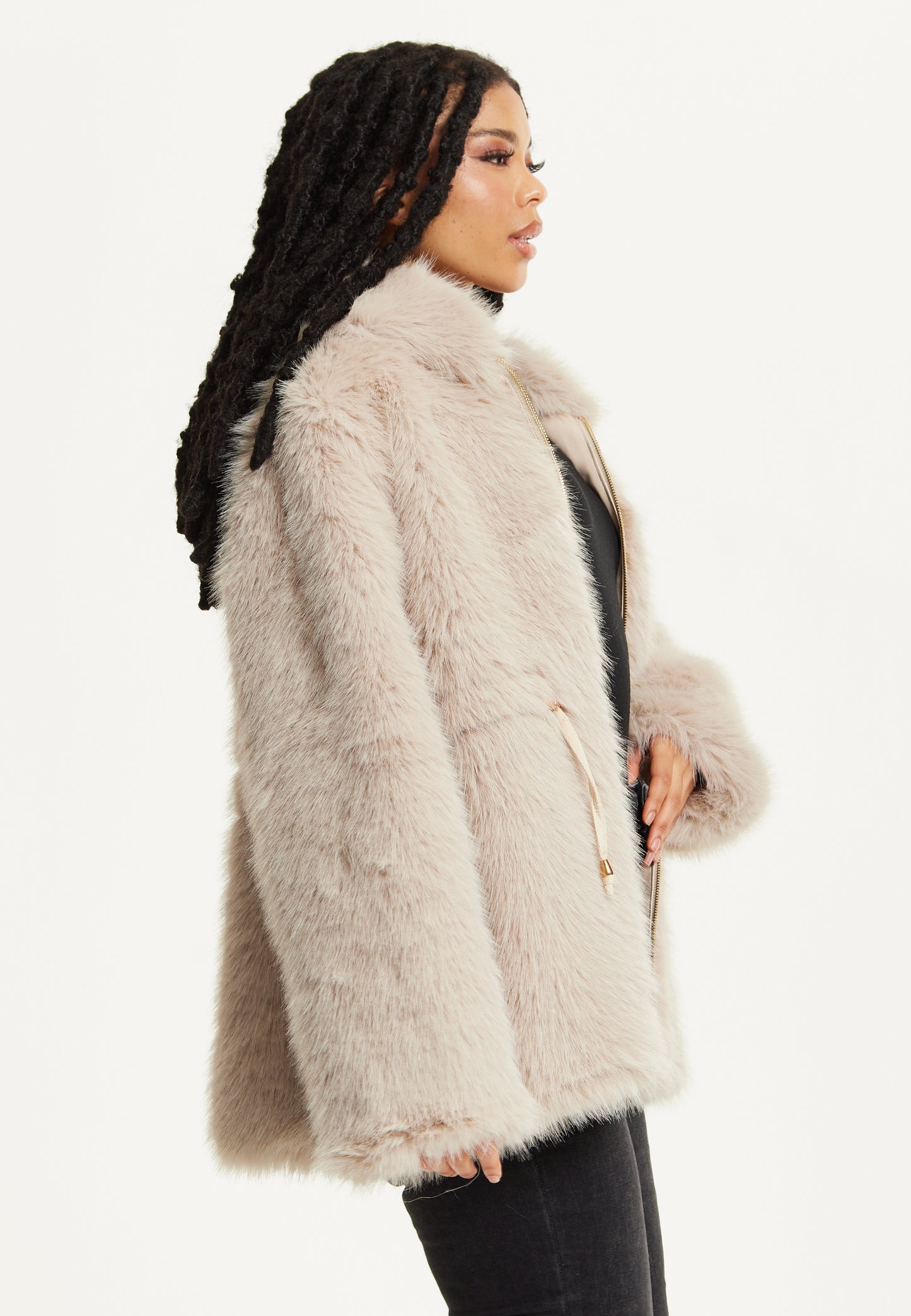 
                  
                    Faux Fur Hooded Coat in Beige
                  
                