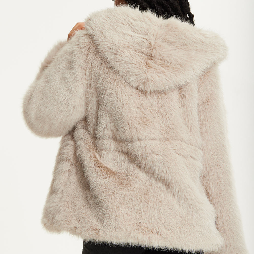 
                  
                    Faux Fur Hooded Coat in Beige
                  
                