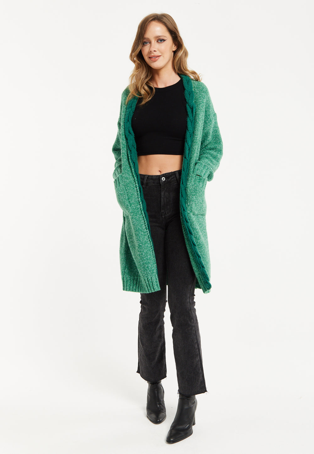 Liquorish Chunky Knit Open-Front Green Cardigan with Cable Detailing