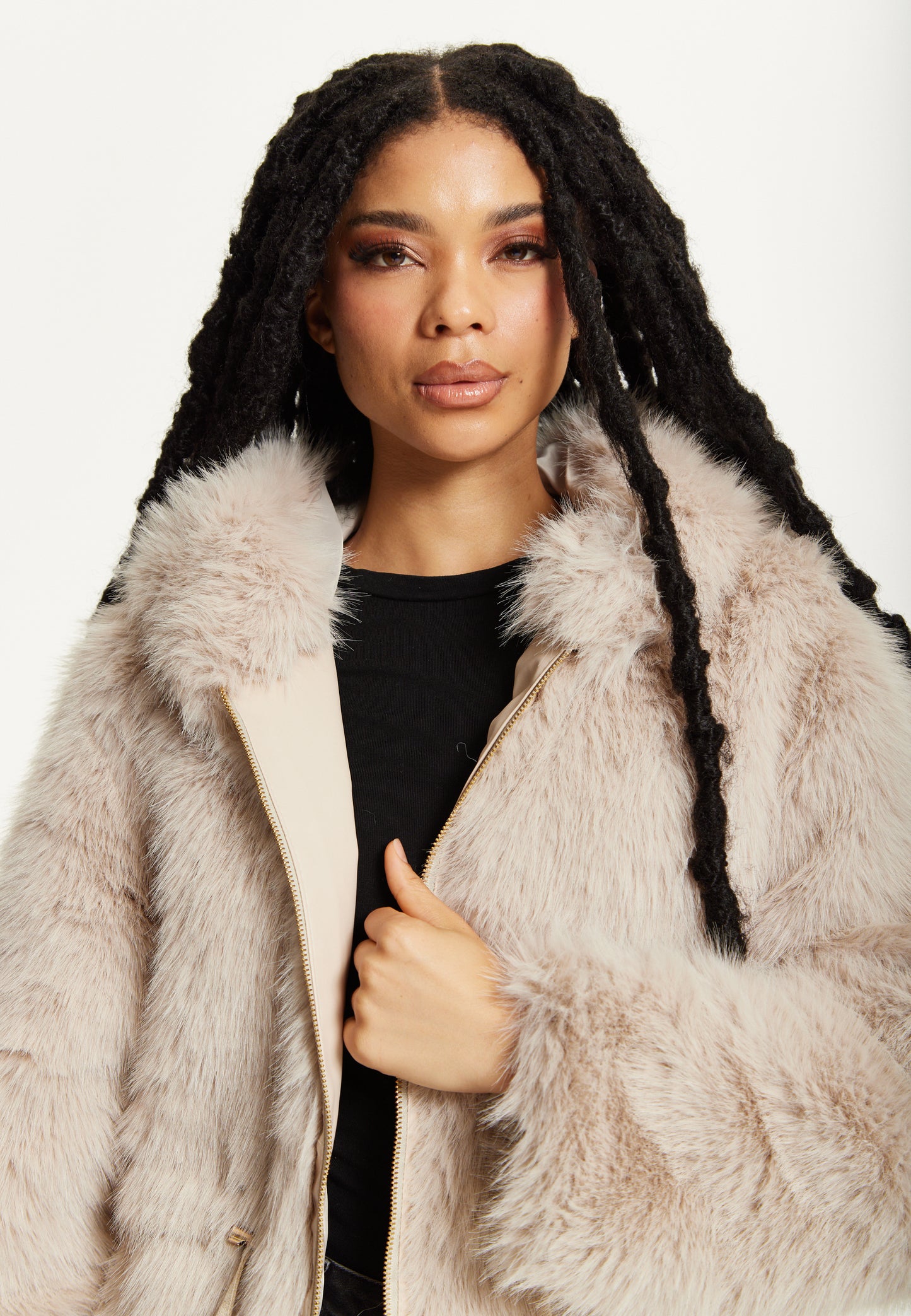 
                  
                    Faux Fur Hooded Coat in Beige
                  
                