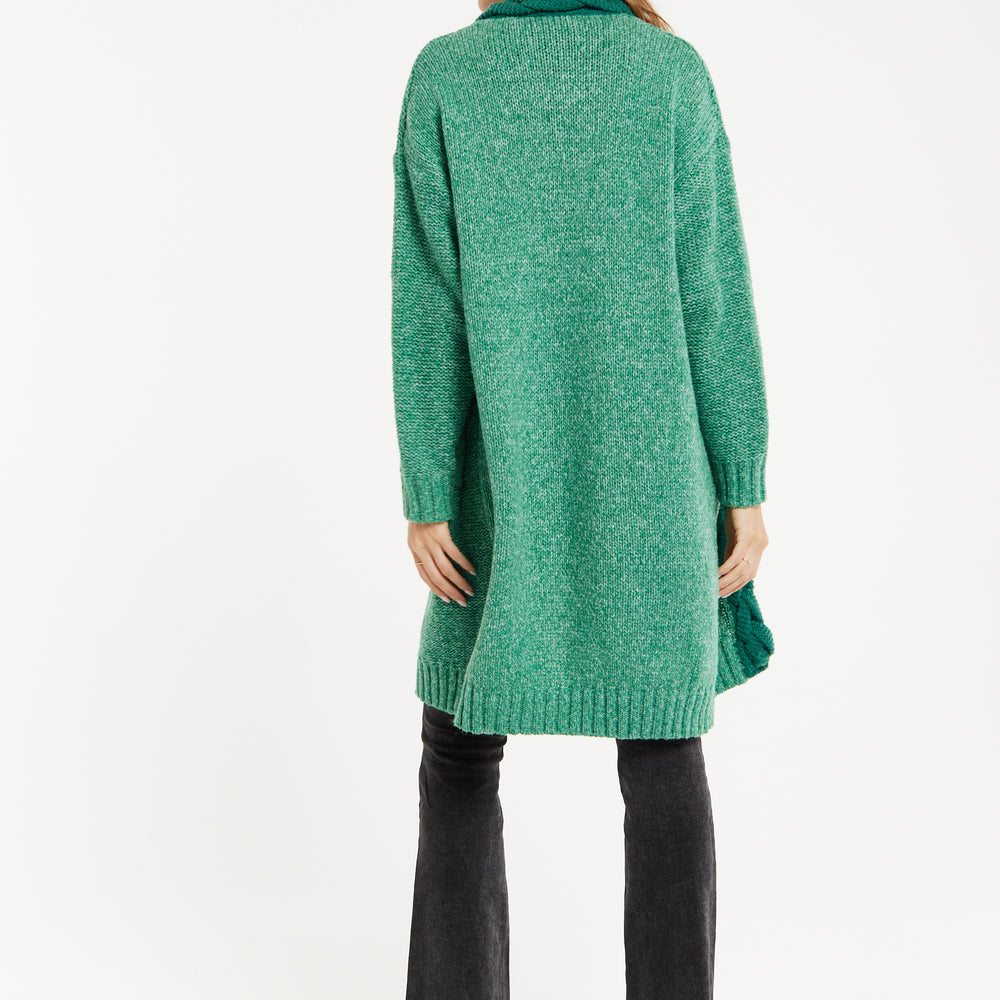 
                  
                    Liquorish Chunky Knit Open-Front Green Cardigan with Cable Detailing
                  
                