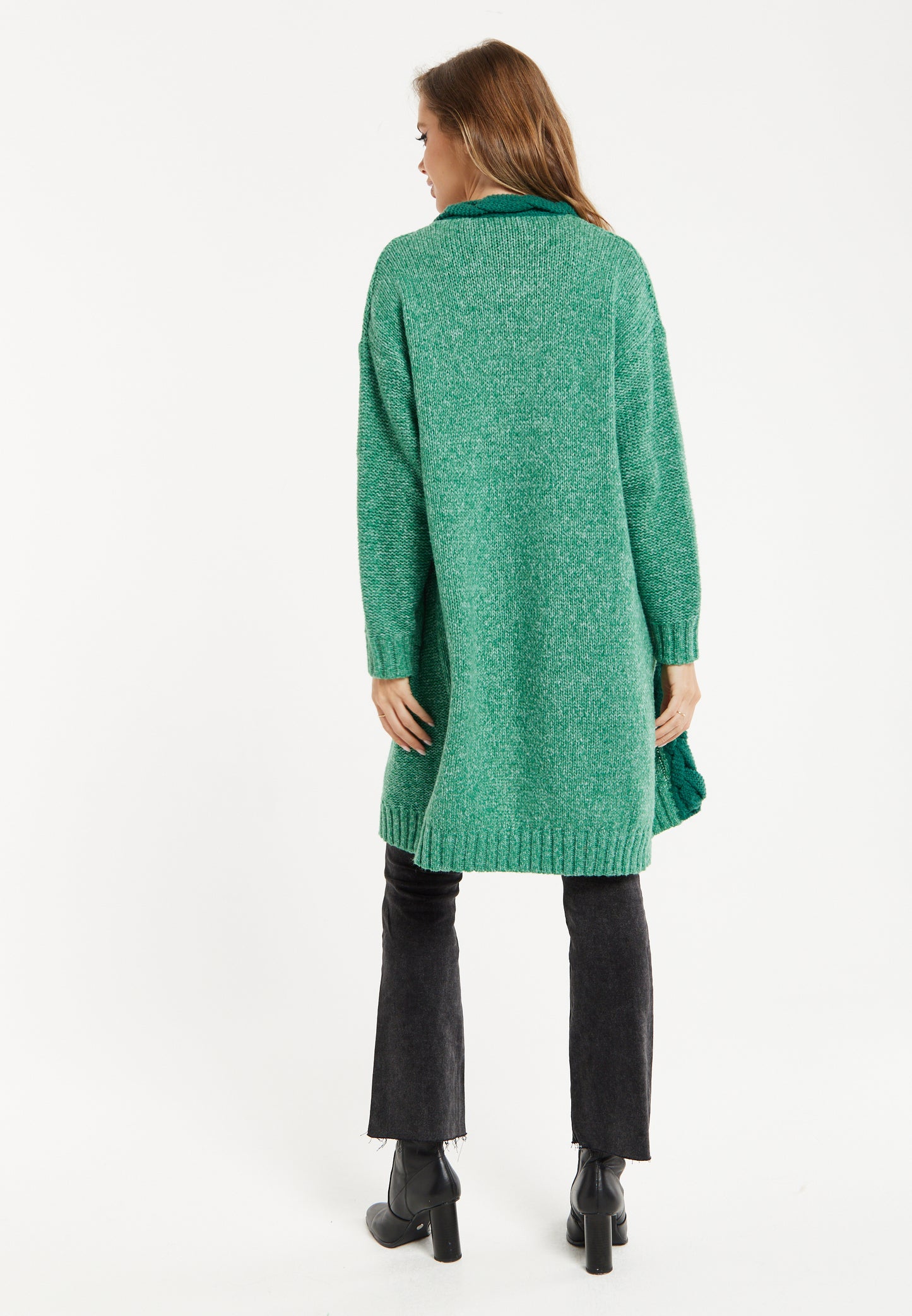 
                  
                    Liquorish Chunky Knit Open-Front Green Cardigan with Cable Detailing
                  
                