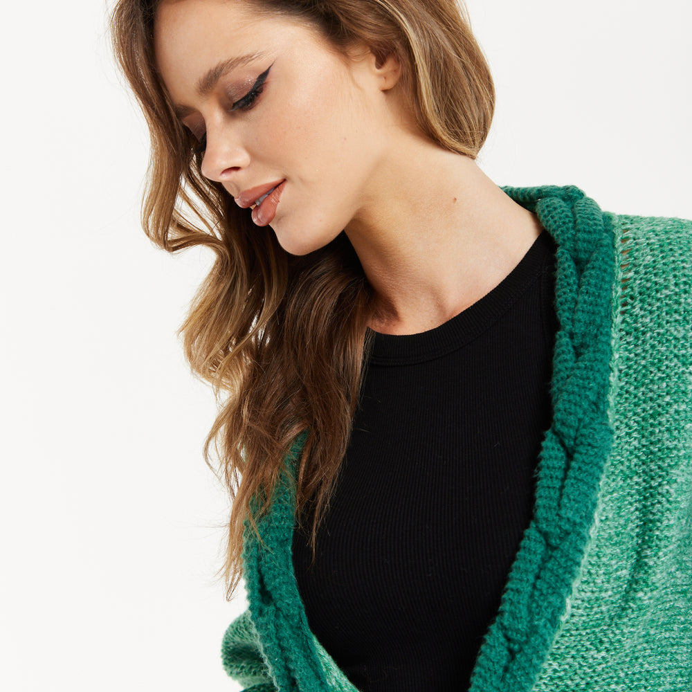 
                  
                    Liquorish Chunky Knit Open-Front Green Cardigan with Cable Detailing
                  
                