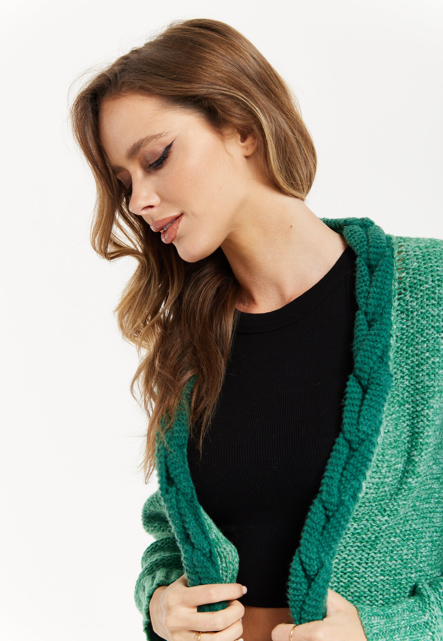 
                  
                    Liquorish Chunky Knit Open-Front Green Cardigan with Cable Detailing
                  
                