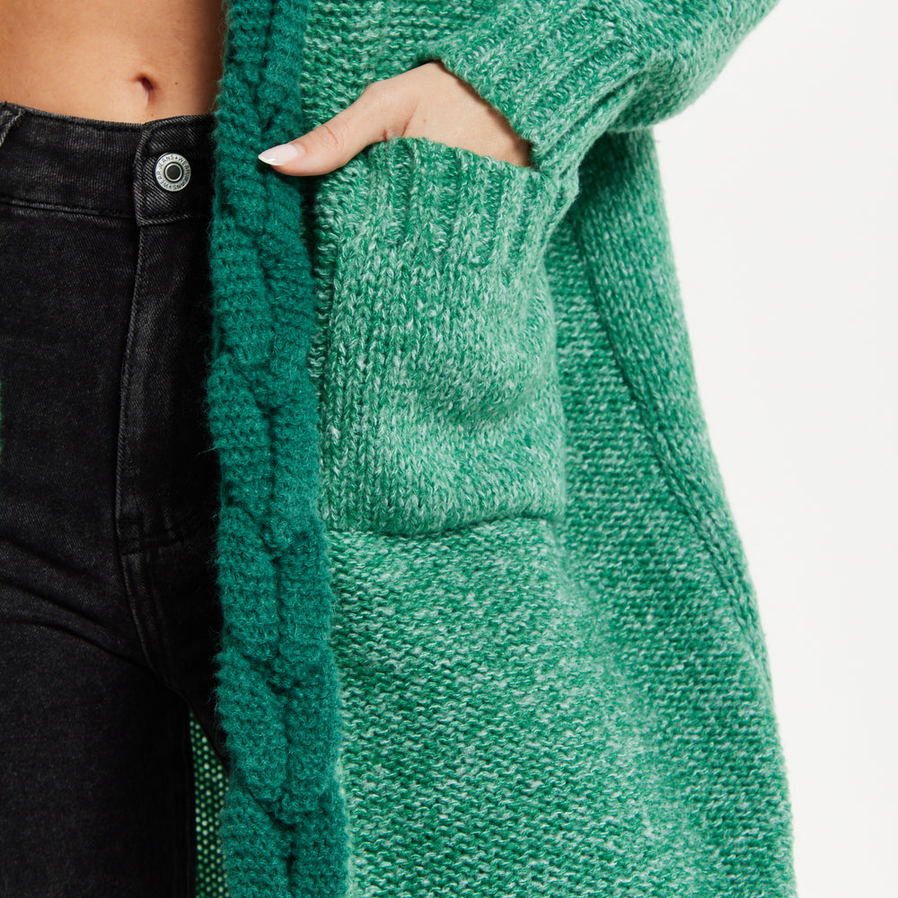 
                  
                    Liquorish Chunky Knit Open-Front Green Cardigan with Cable Detailing
                  
                