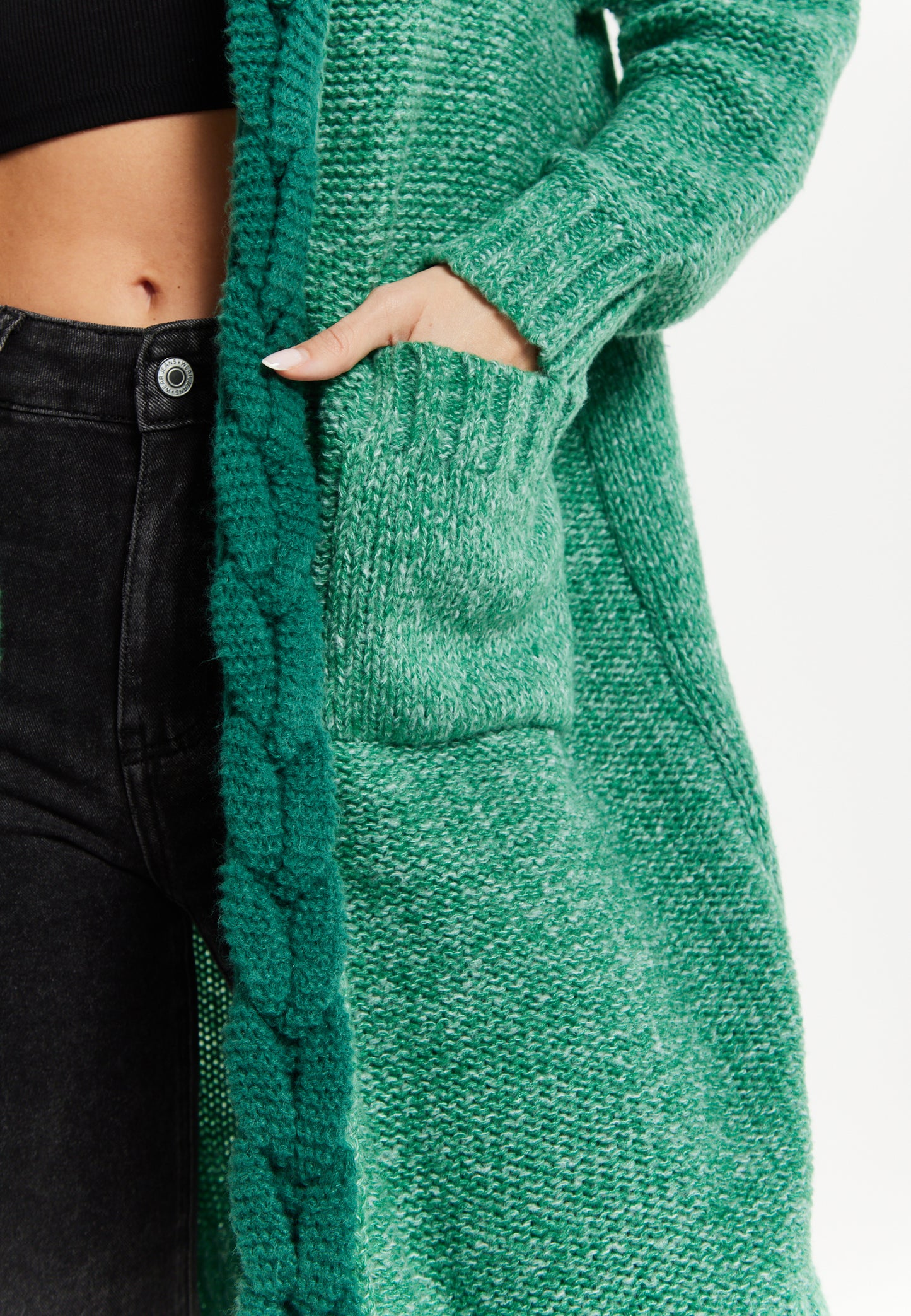 
                  
                    Liquorish Chunky Knit Open-Front Green Cardigan with Cable Detailing
                  
                