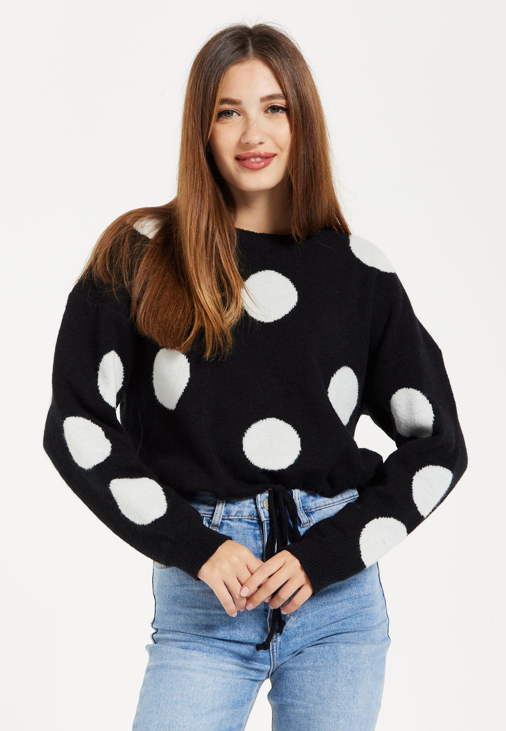 Women's Black Jumper with Long Sleeves and White Polka Dots - Adjustable Waist Tie by Liquorish