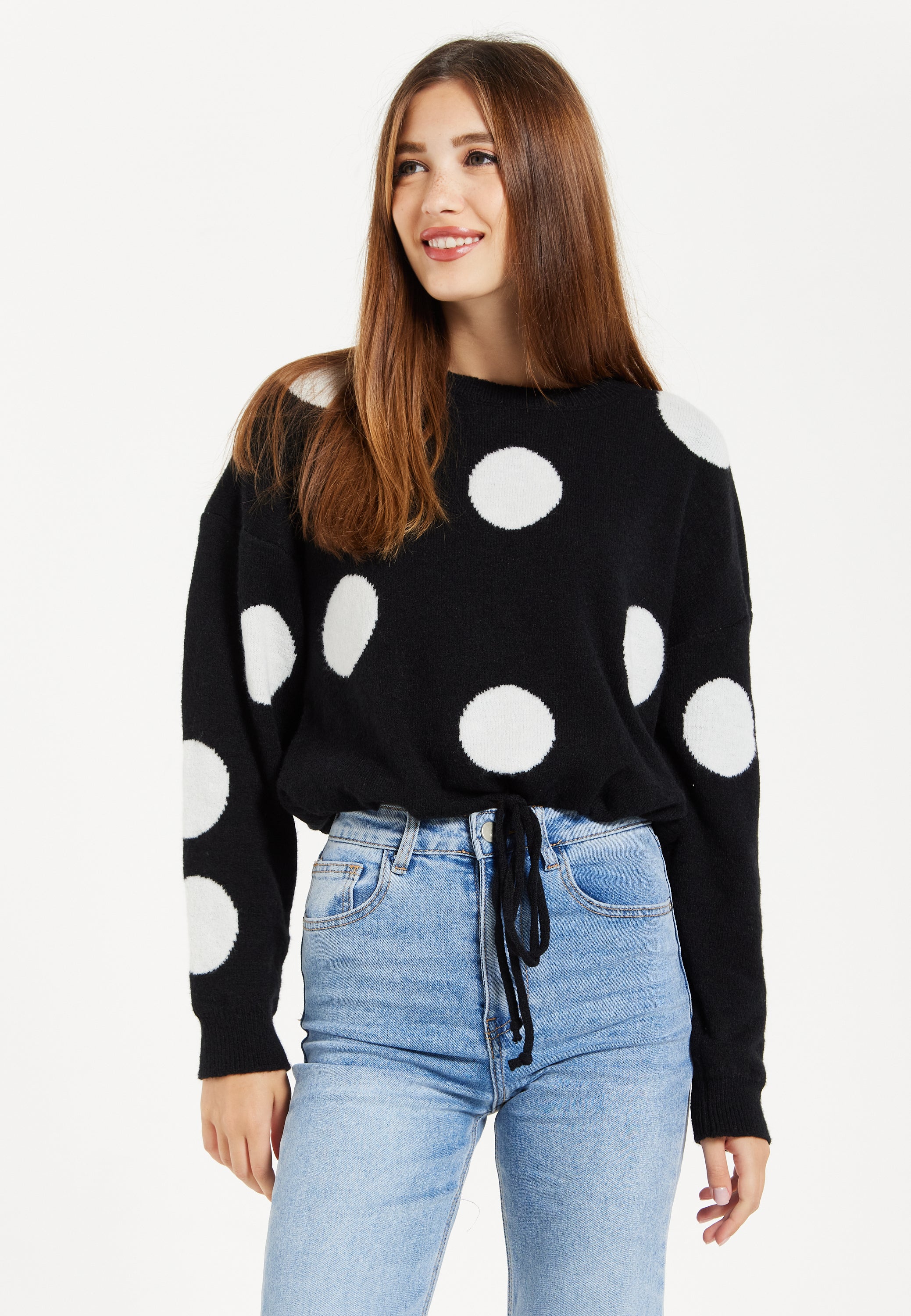 Women s Black Jumper with Long Sleeves and White Polka Dots Adjustab Liquorish Online