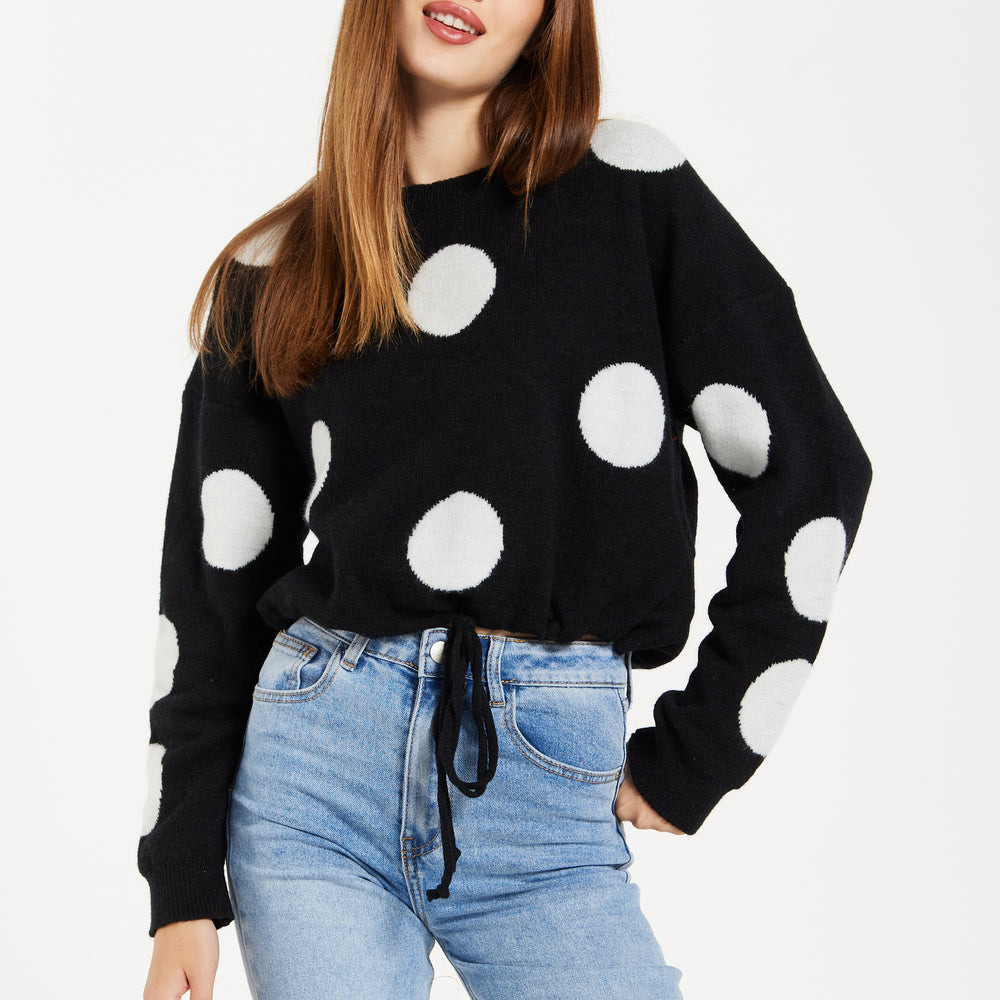 
                  
                    Women's Black Jumper with Long Sleeves and White Polka Dots - Adjustable Waist Tie by Liquorish
                  
                