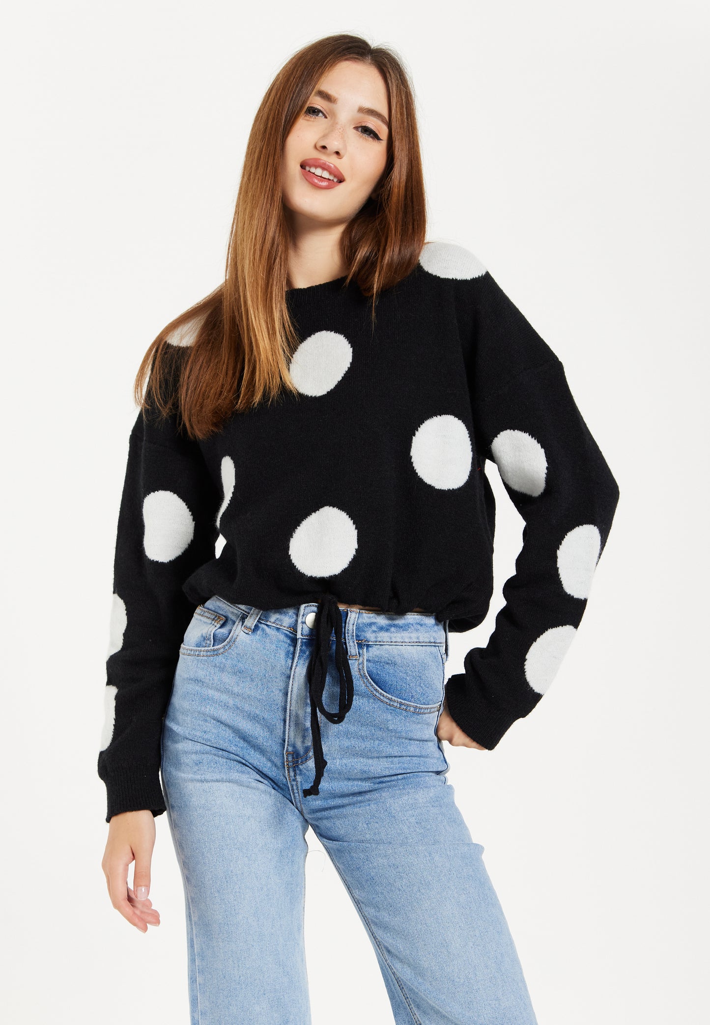 
                  
                    Women's Black Jumper with Long Sleeves and White Polka Dots - Adjustable Waist Tie by Liquorish
                  
                