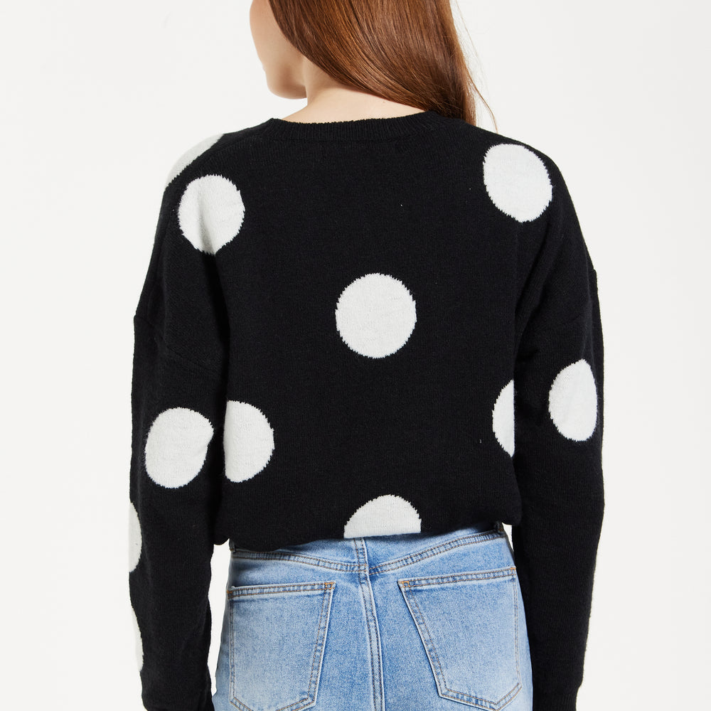 
                  
                    Women's Black Jumper with Long Sleeves and White Polka Dots - Adjustable Waist Tie by Liquorish
                  
                