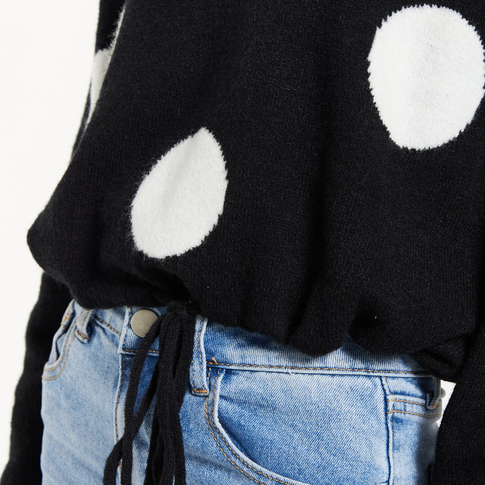 
                  
                    Women's Black Jumper with Long Sleeves and White Polka Dots - Adjustable Waist Tie by Liquorish
                  
                