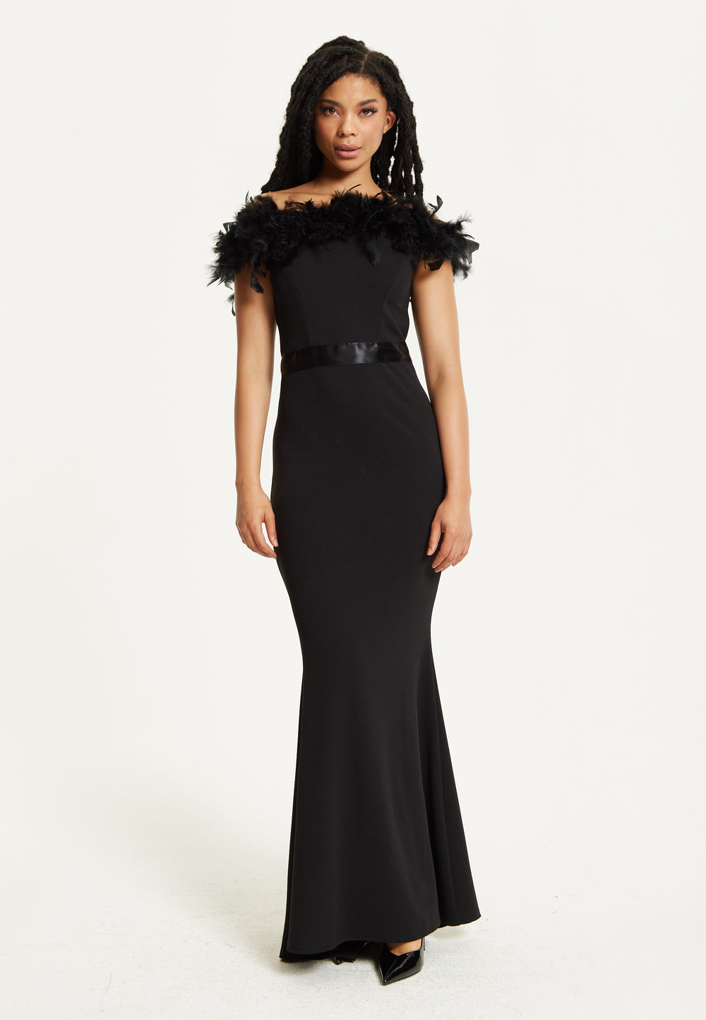 Black Feather Bardot Maxi Dress