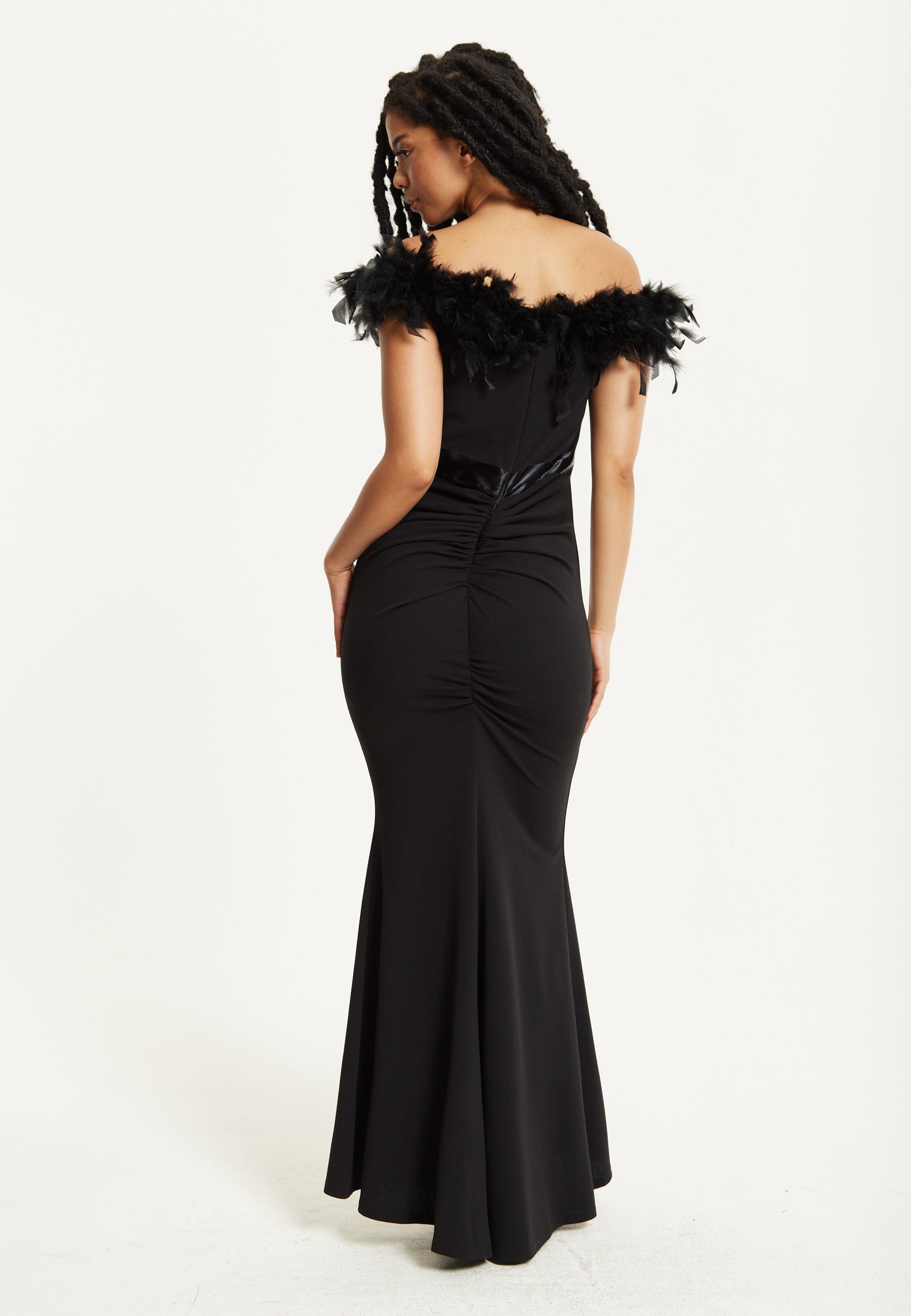 
                  
                    Black Feather Bardot Maxi Dress
                  
                