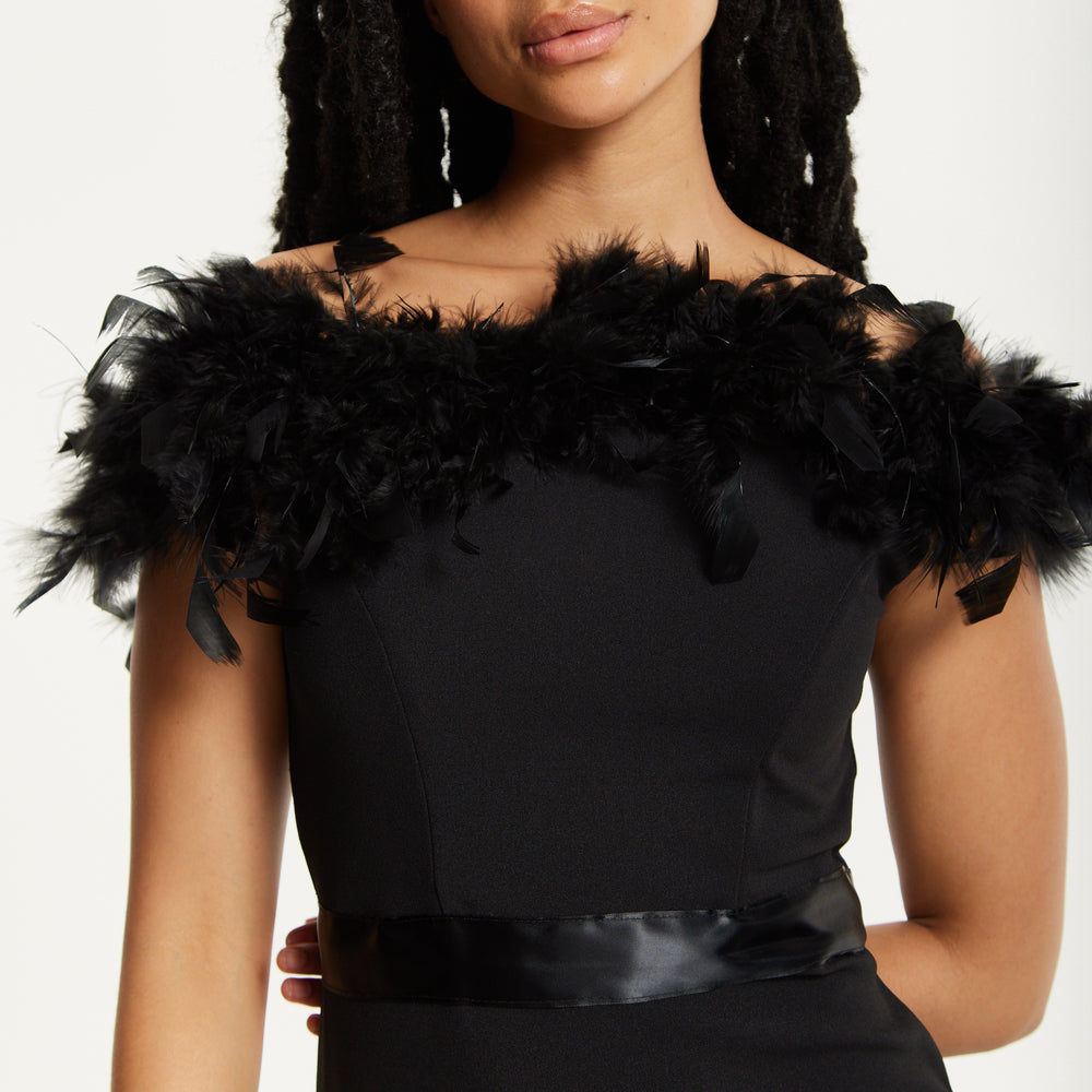 
                  
                    Black Feather Bardot Maxi Dress
                  
                