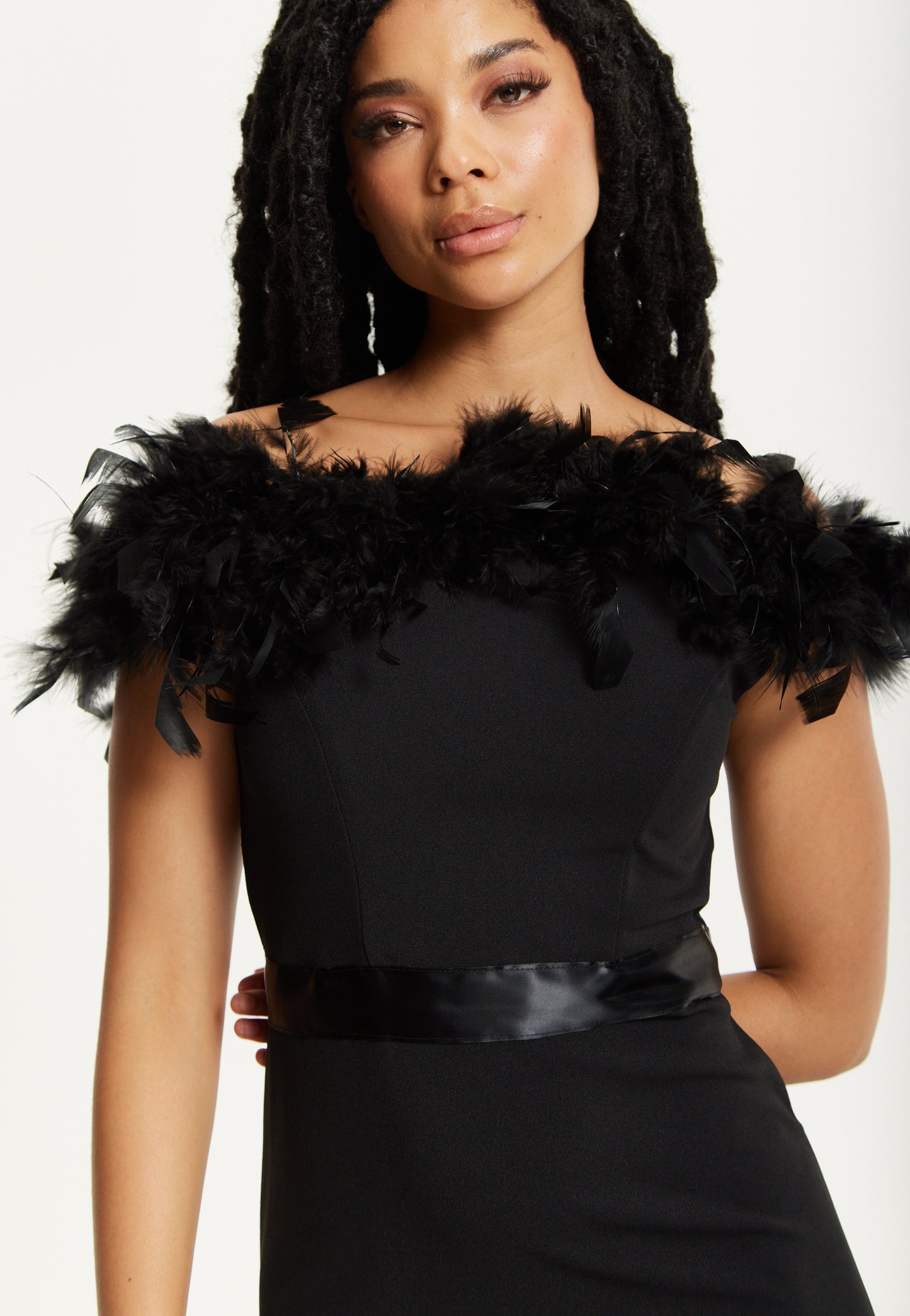 
                  
                    Black Feather Bardot Maxi Dress
                  
                