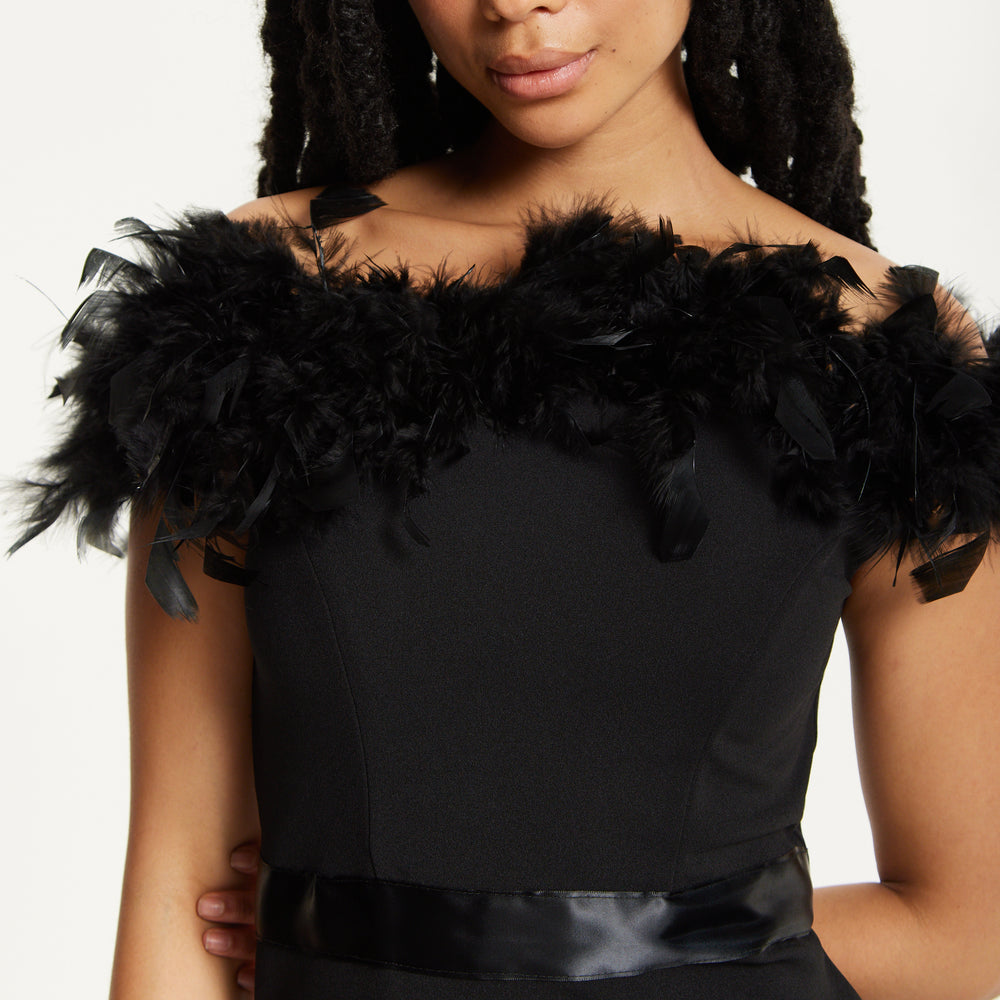 
                  
                    Black Feather Bardot Maxi Dress
                  
                