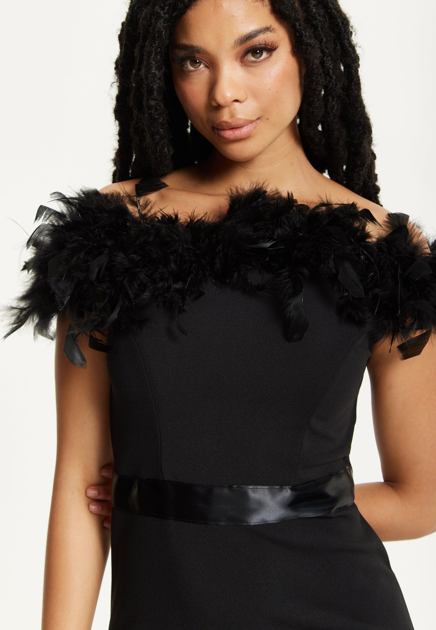 
                  
                    Black Feather Bardot Maxi Dress
                  
                