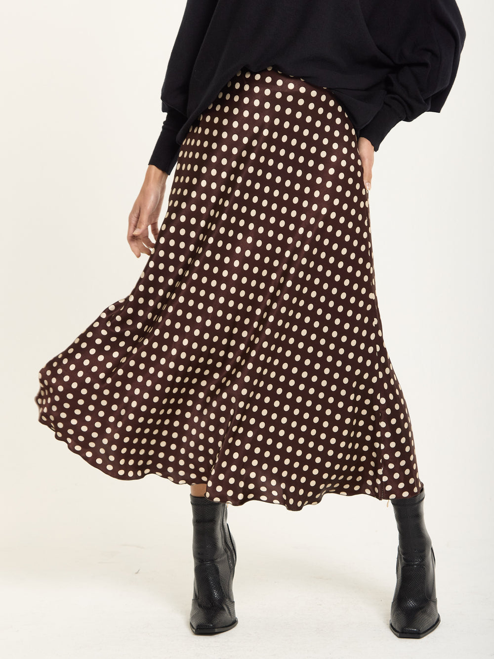 Chocolate Polka Dot Satin Midi Skirt