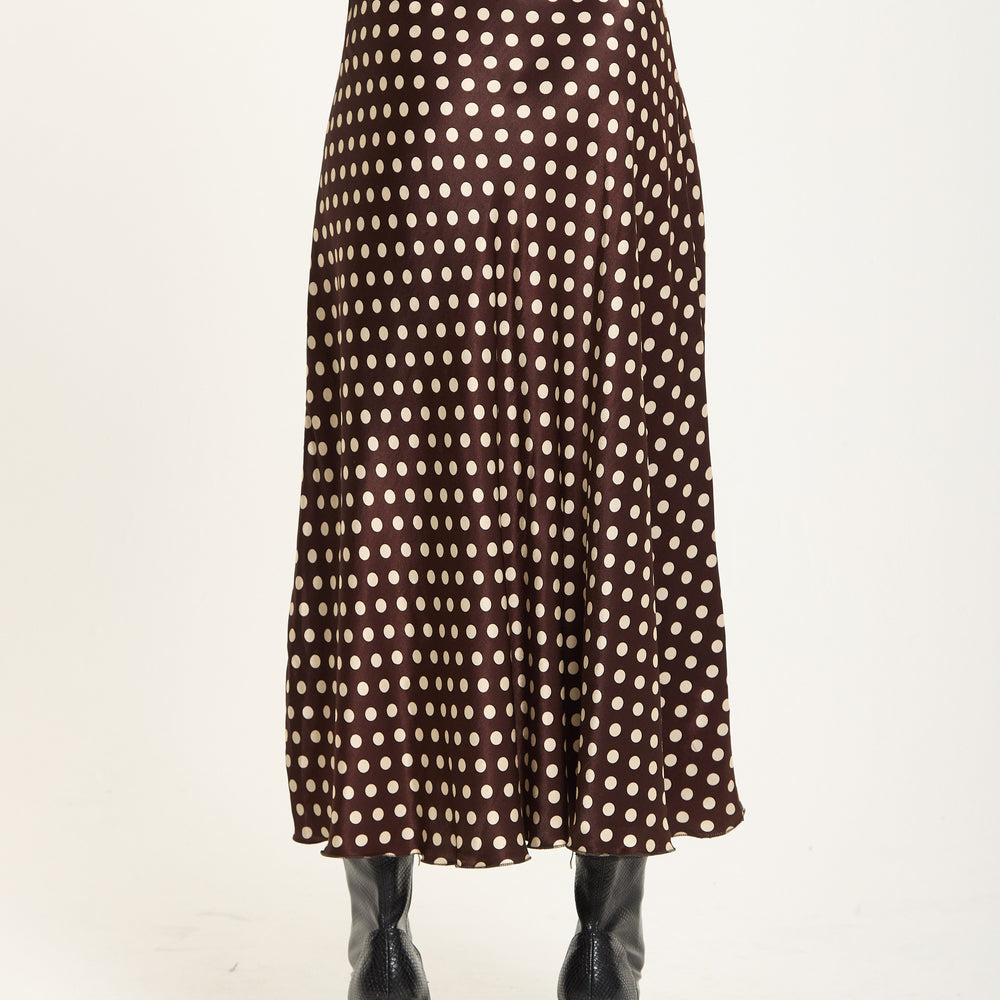 
                  
                    Chocolate Polka Dot Satin Midi Skirt
                  
                