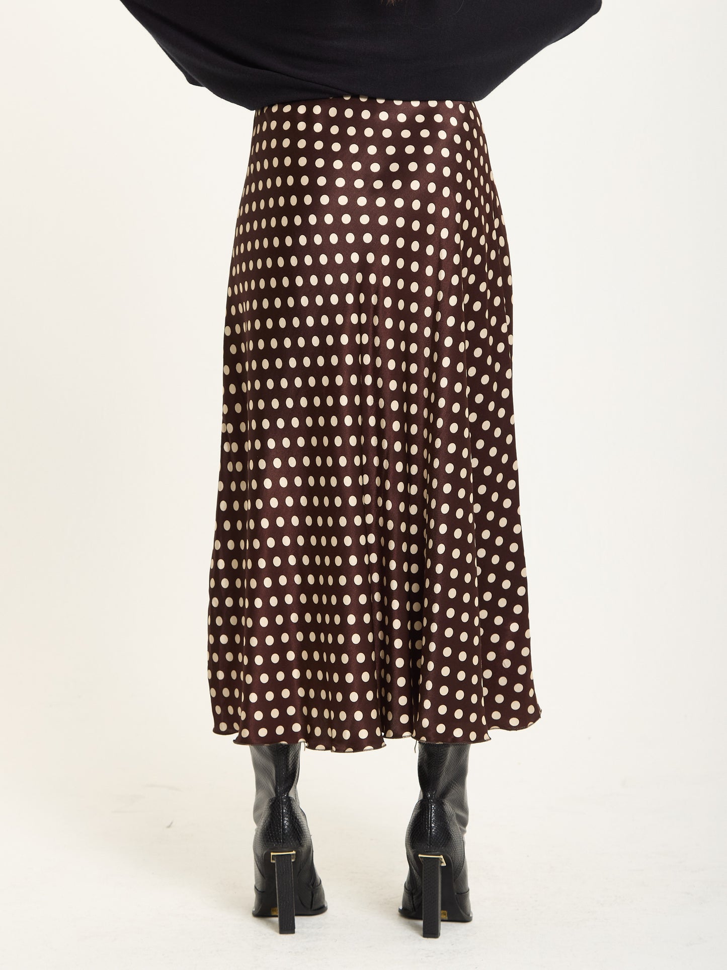 
                  
                    Chocolate Polka Dot Satin Midi Skirt
                  
                