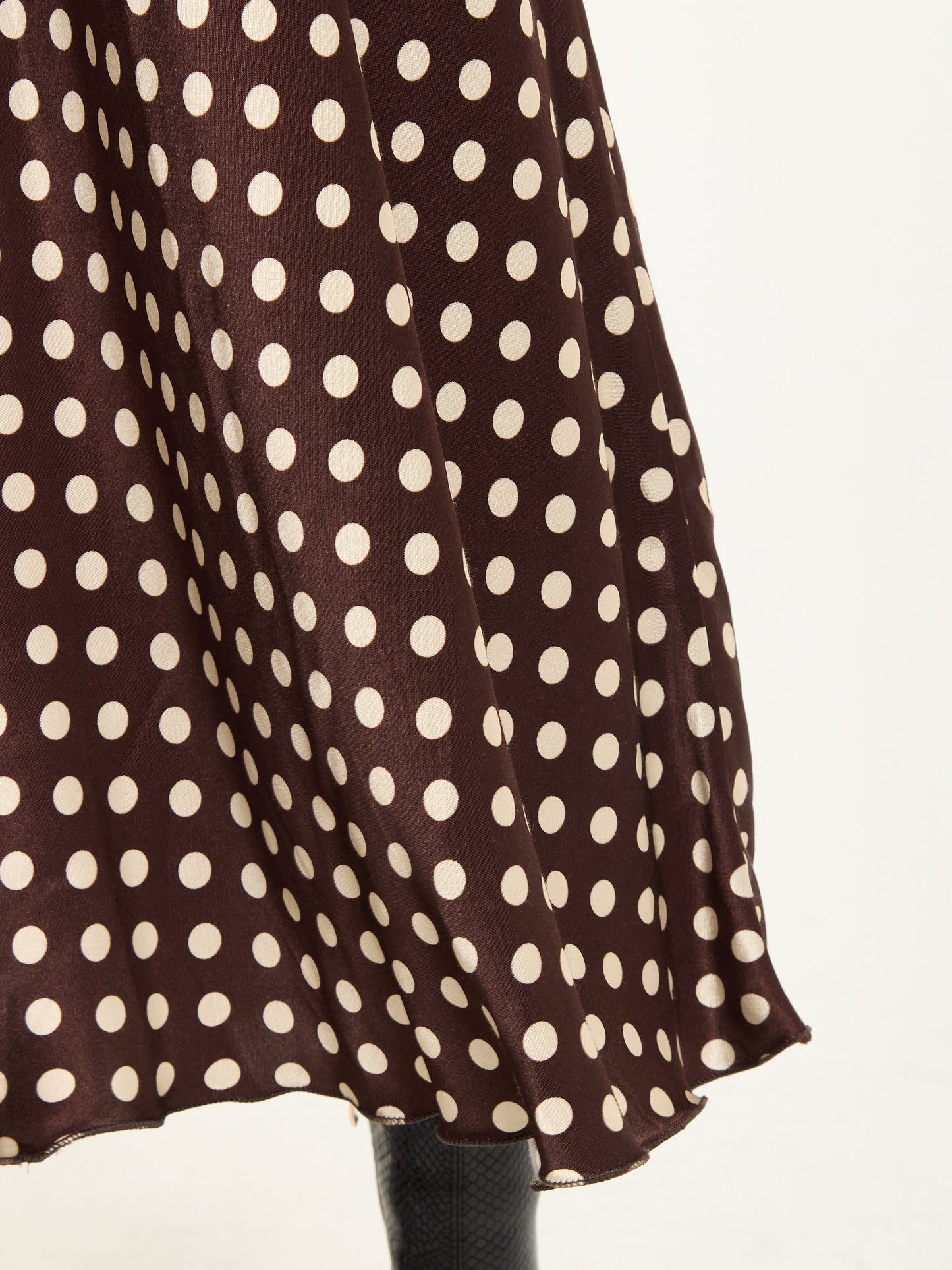 
                  
                    Chocolate Polka Dot Satin Midi Skirt
                  
                