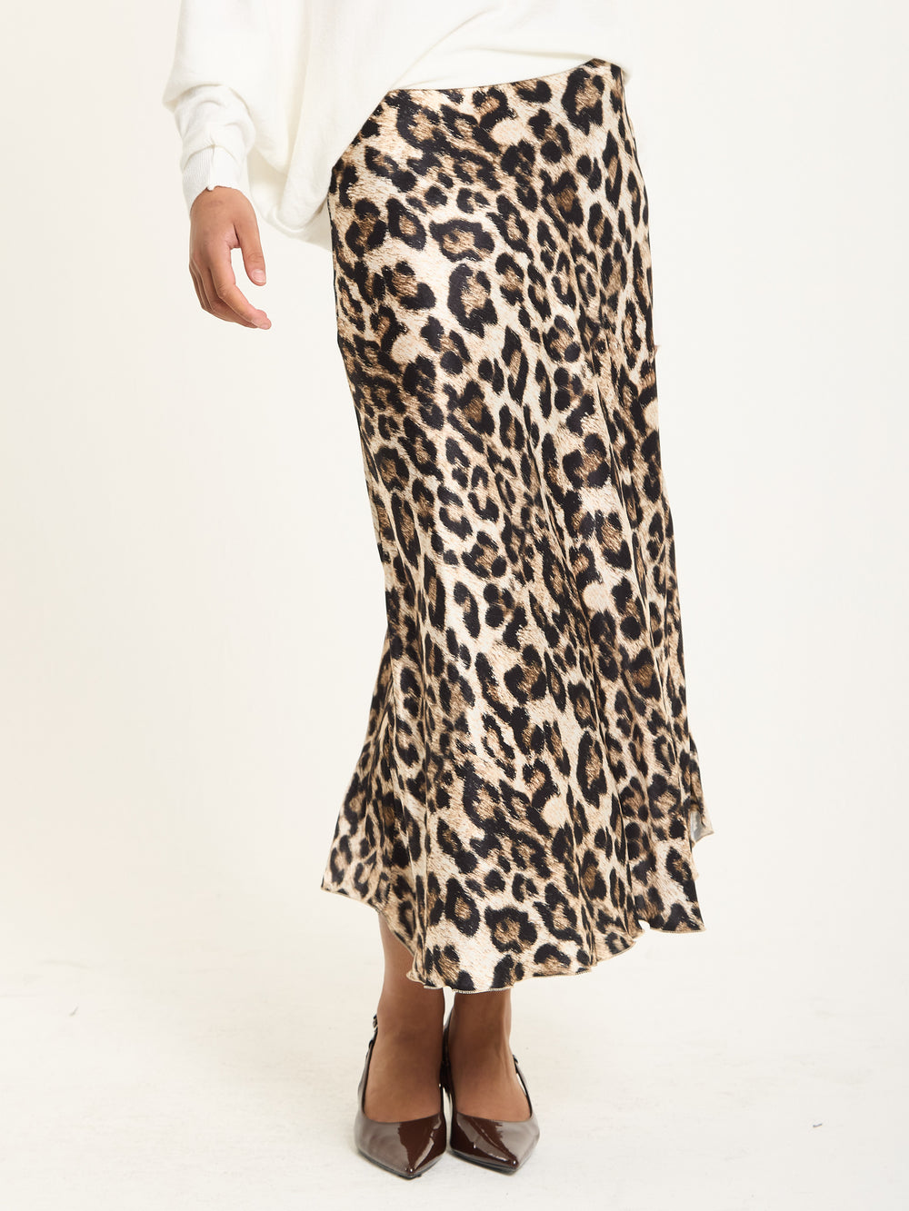 Leopard Print Satin Midi Skirt
