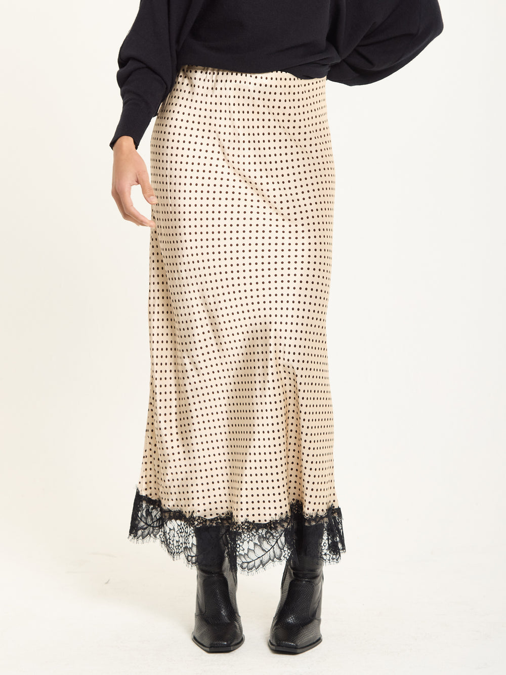 Beige Polka Dot Skirt with Black Lace Trim