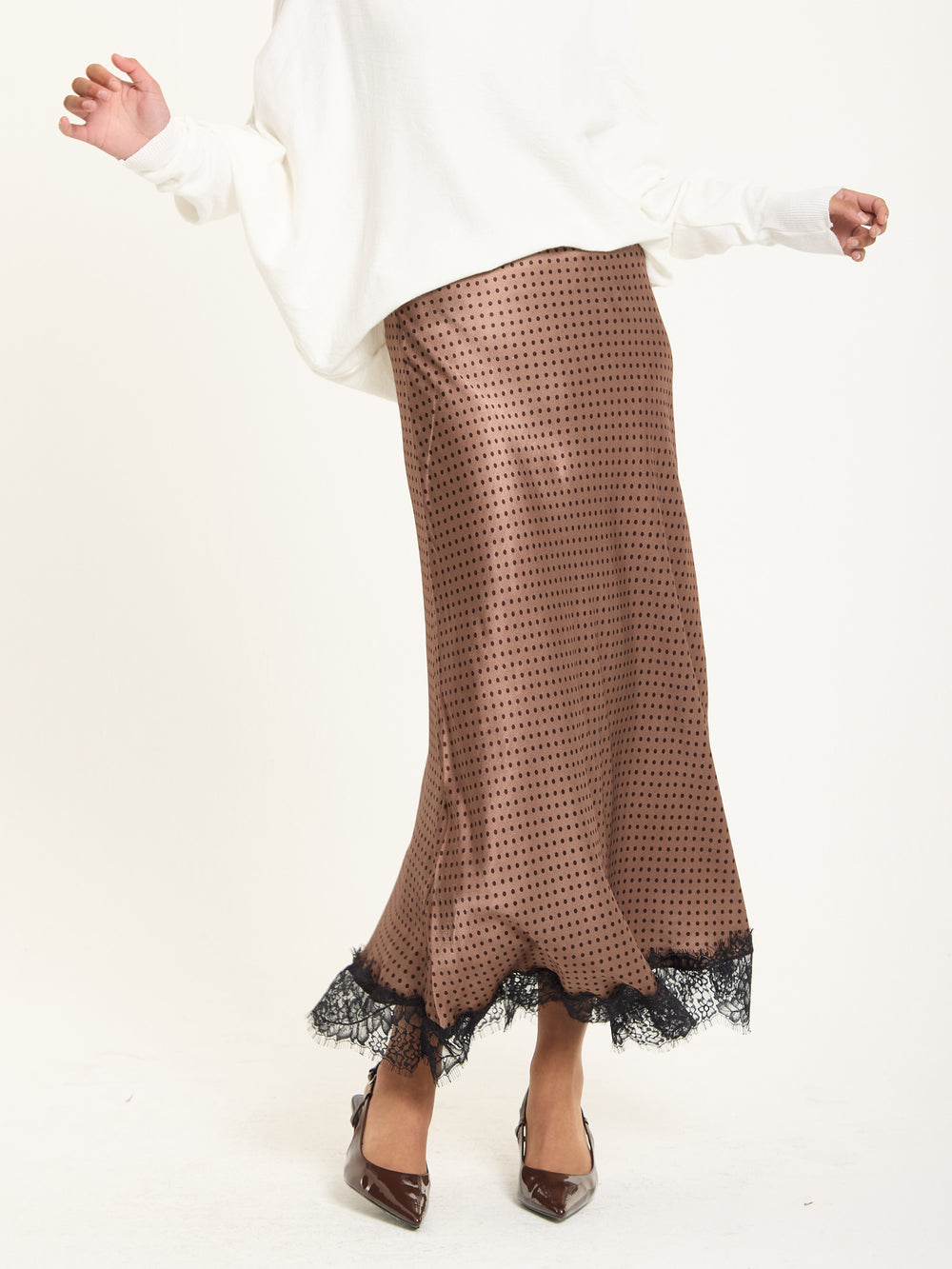 Mocha Polka Dot Skirt with Black Lace Trim