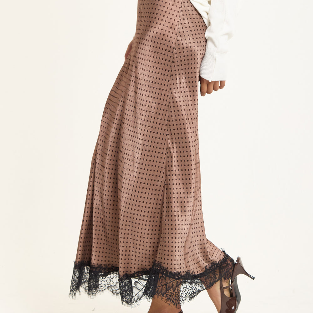 
                  
                    Mocha Polka Dot Skirt with Black Lace Trim
                  
                