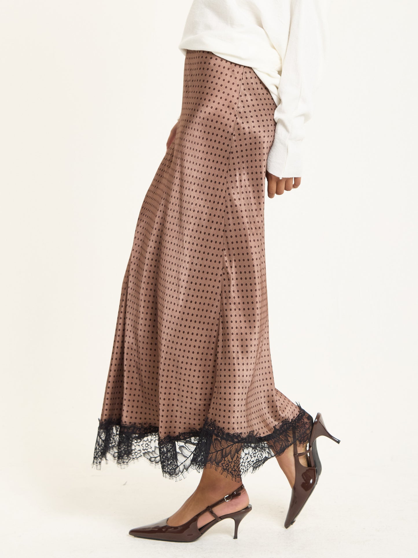 
                  
                    Mocha Polka Dot Skirt with Black Lace Trim
                  
                