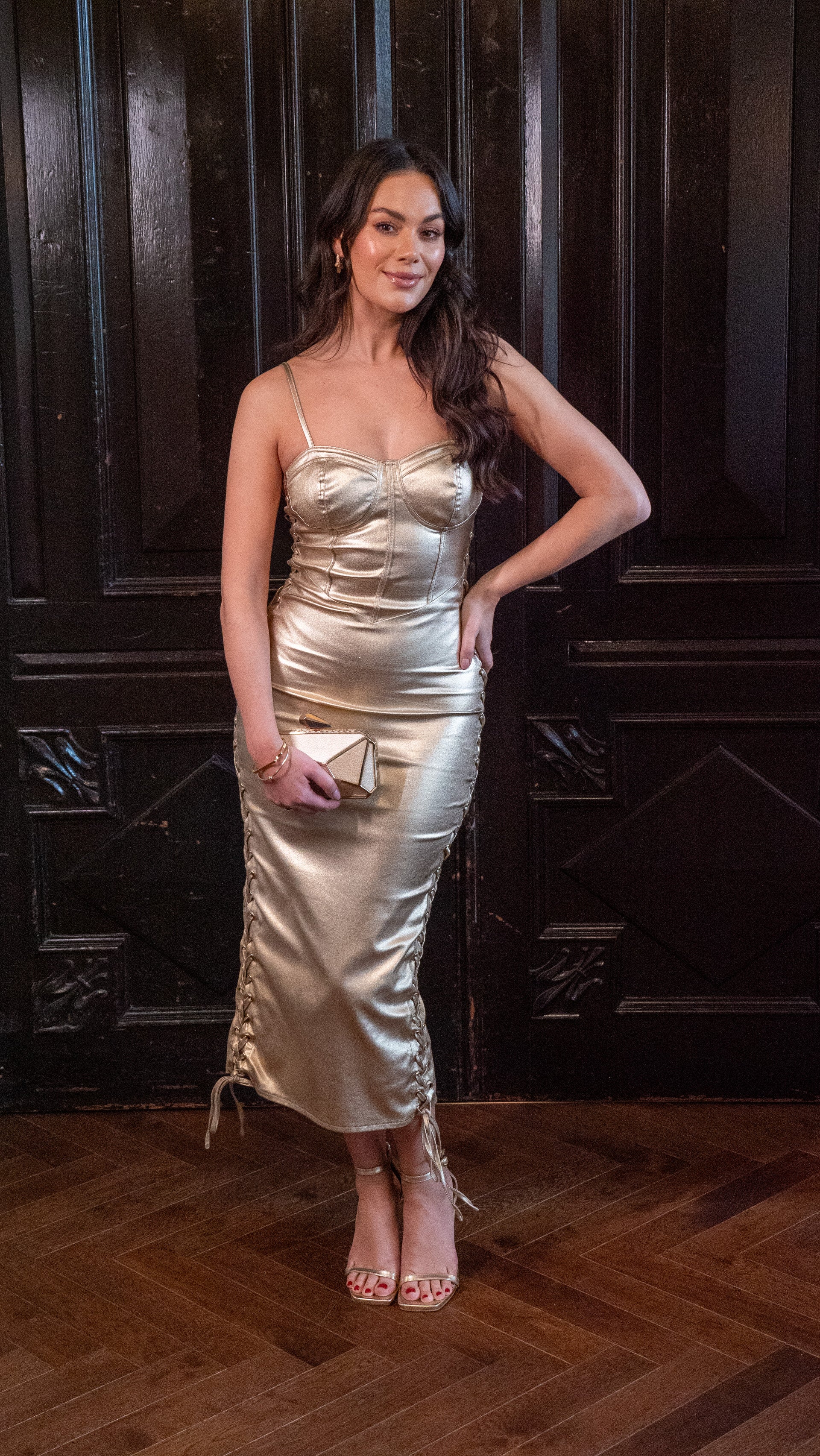 Women's Midi Dress with Corset Style, Metallic Foil Gold Lycra, Eyelet Liquorish Online Women's Midi Dress with Corset Style, Metallic Foil Gold Lycra, Eyelet Liquorish Online