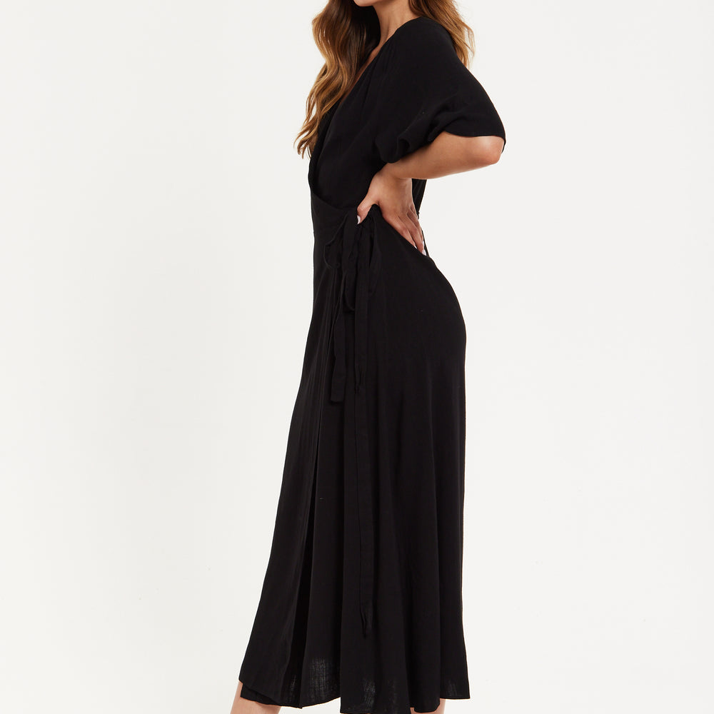 
                  
                    Women's Maxi Dress with Kimono Sleeves, V Neck, and Tie Waist - Black Liquorish
                  
                