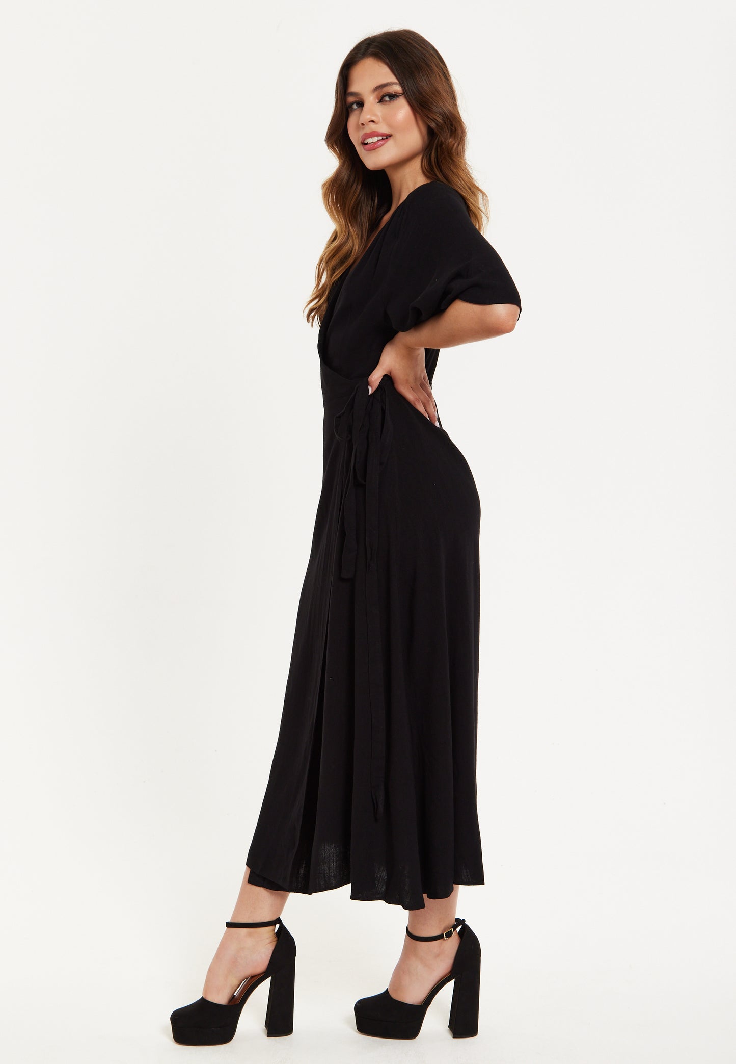 
                  
                    Women's Maxi Dress with Kimono Sleeves, V Neck, and Tie Waist - Black Liquorish
                  
                