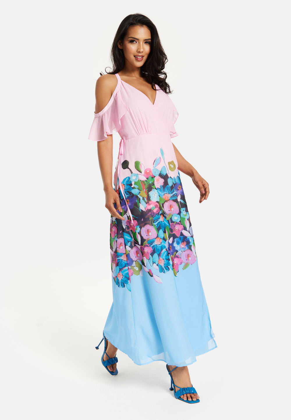 Liquorish Floral Print Maxi Wrap Dress With Frill Details In Blue&Pink