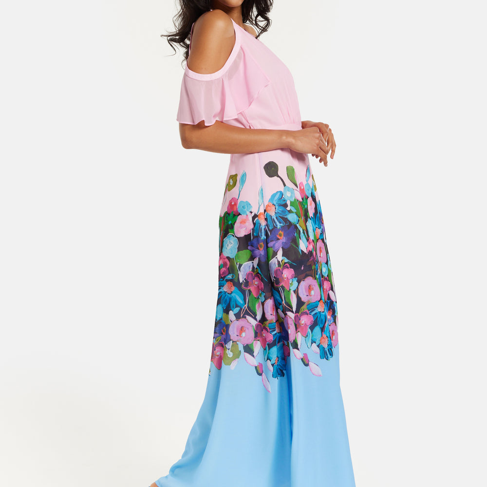 
                  
                    Women's Maxi Dress in Blue & Pink Floral Print with Cold Shoulder & Frill Details - Wrap Style by Liquorish
                  
                