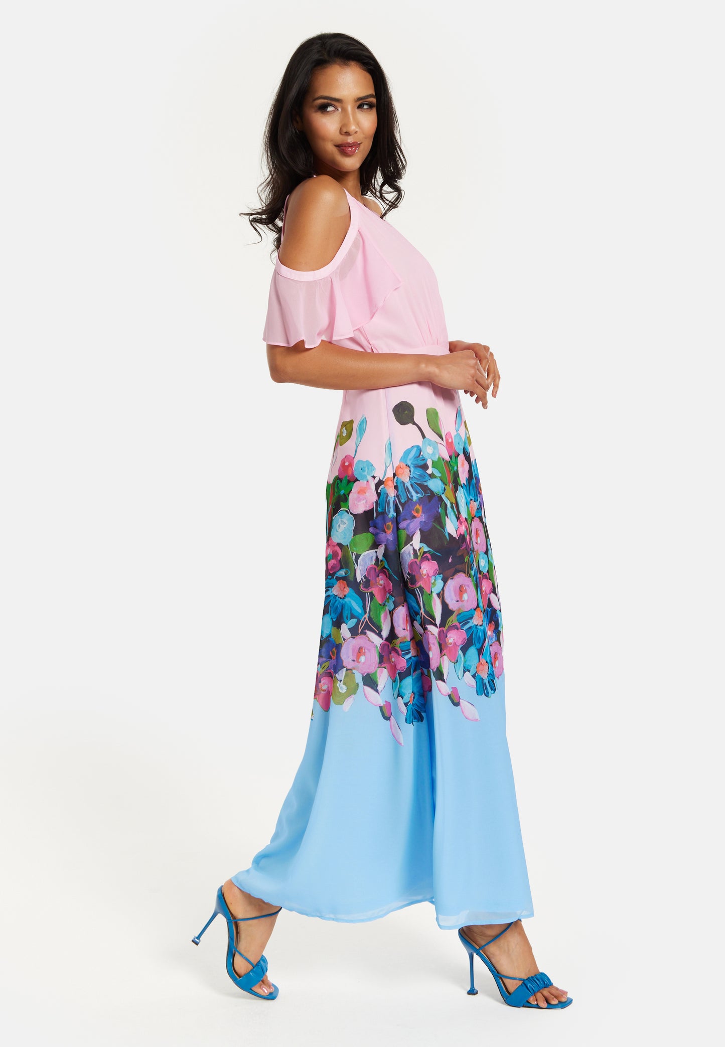 
                  
                    Liquorish Floral Print Maxi Wrap Dress With Frill Details In Blue&Pink
                  
                