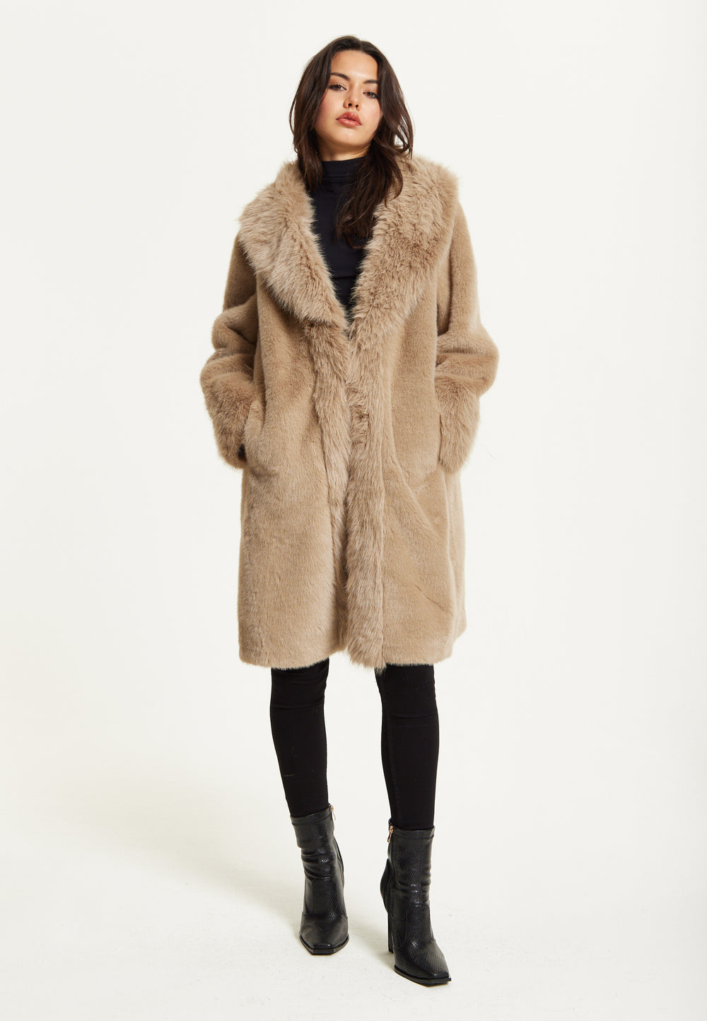 Long Faux Fur Coat in Camel