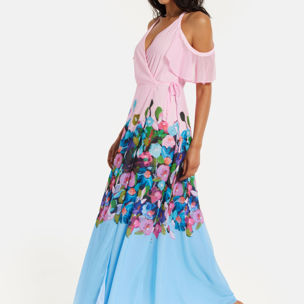 
                  
                    Liquorish Floral Print Maxi Wrap Dress With Frill Details In Blue&Pink
                  
                