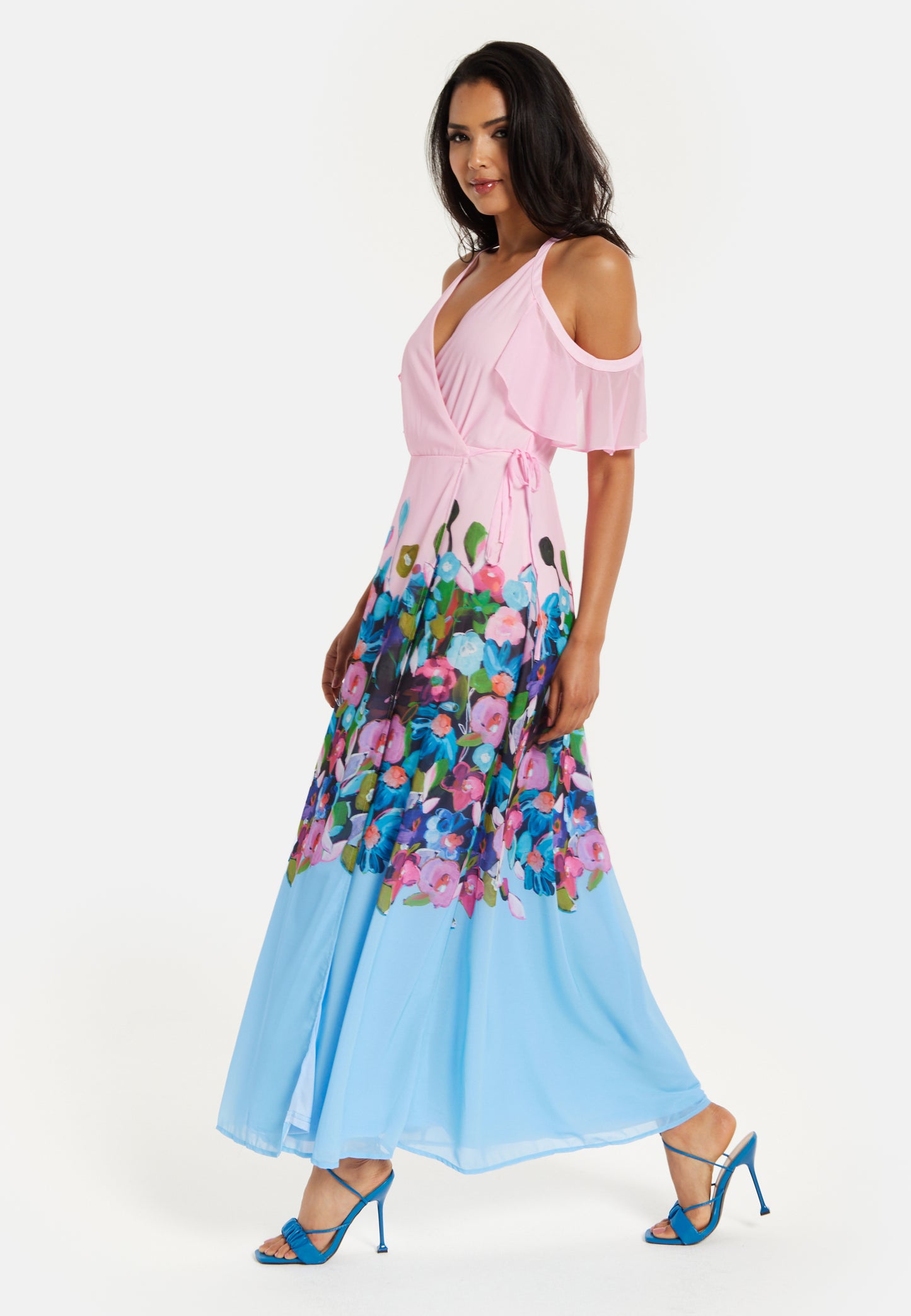 
                  
                    Liquorish Floral Print Maxi Wrap Dress With Frill Details In Blue&Pink
                  
                