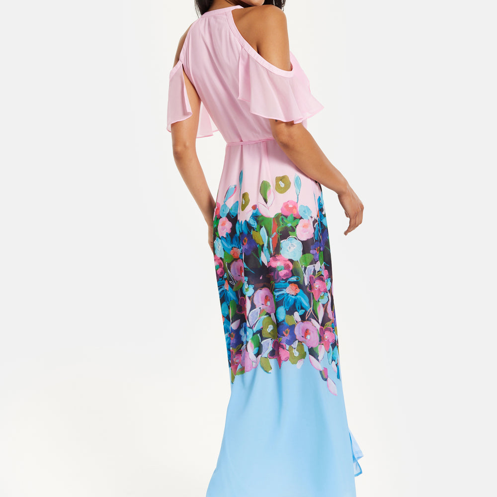 
                  
                    Liquorish Floral Print Maxi Wrap Dress With Frill Details In Blue&Pink
                  
                