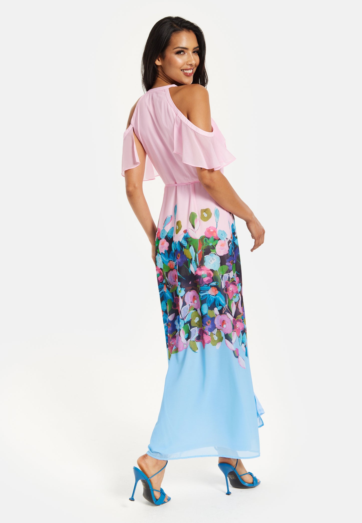 
                  
                    Liquorish Floral Print Maxi Wrap Dress With Frill Details In Blue&Pink
                  
                