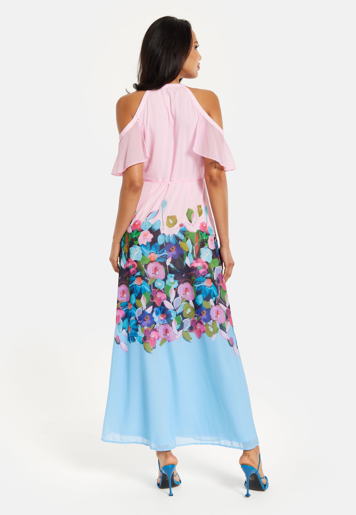 
                  
                    Women's Maxi Dress in Blue & Pink Floral Print with Cold Shoulder & Frill Details - Wrap Style by Liquorish
                  
                