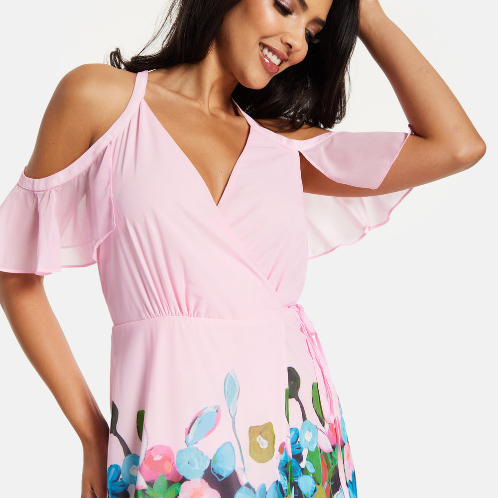 
                  
                    Women's Maxi Dress in Blue & Pink Floral Print with Cold Shoulder & Frill Details - Wrap Style by Liquorish
                  
                