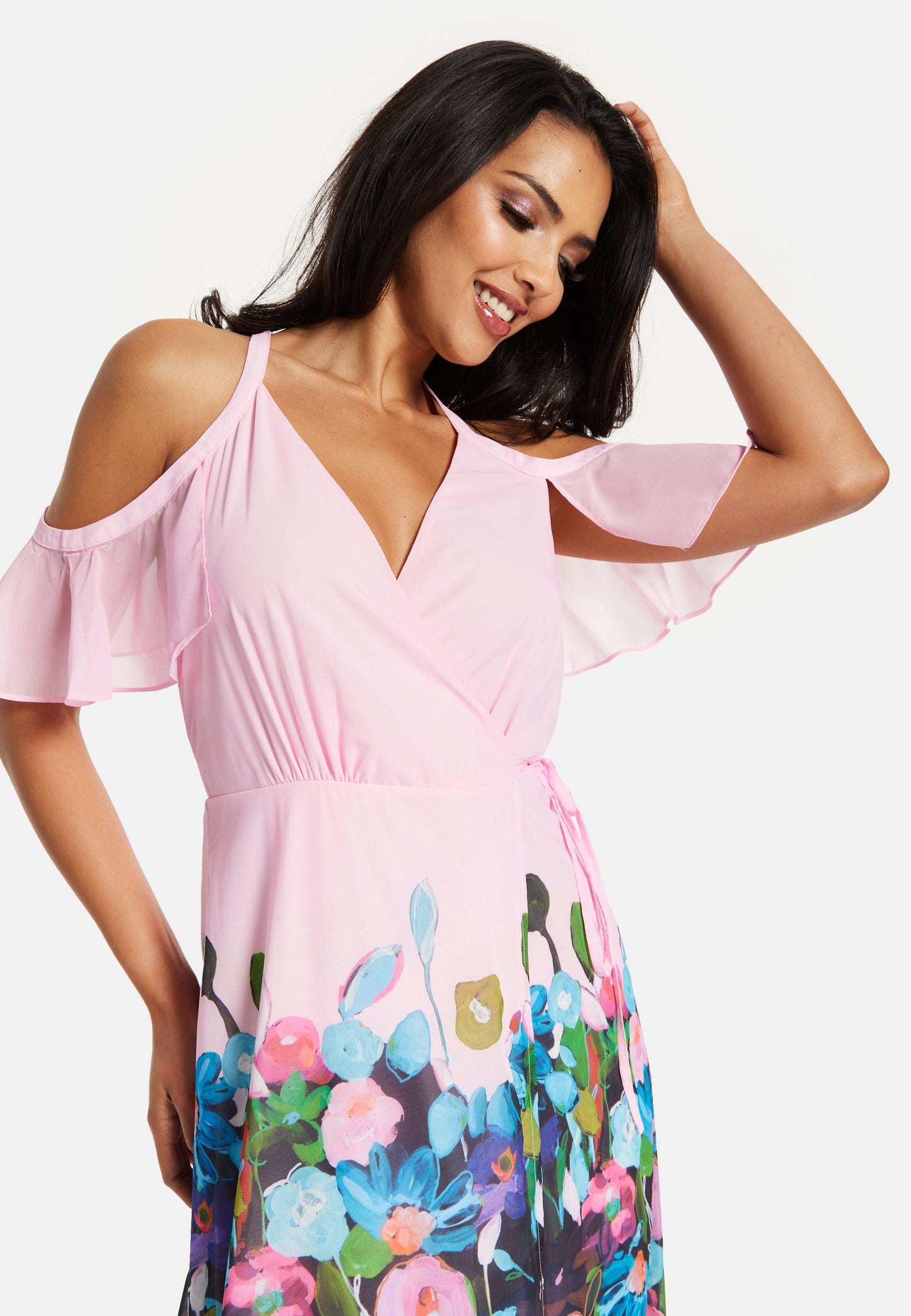 
                  
                    Liquorish Floral Print Maxi Wrap Dress With Frill Details In Blue&Pink
                  
                