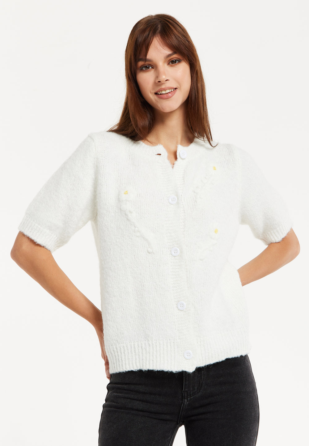 Liquorish White Knitted Floral Short Sleeve Super Soft Cardigan