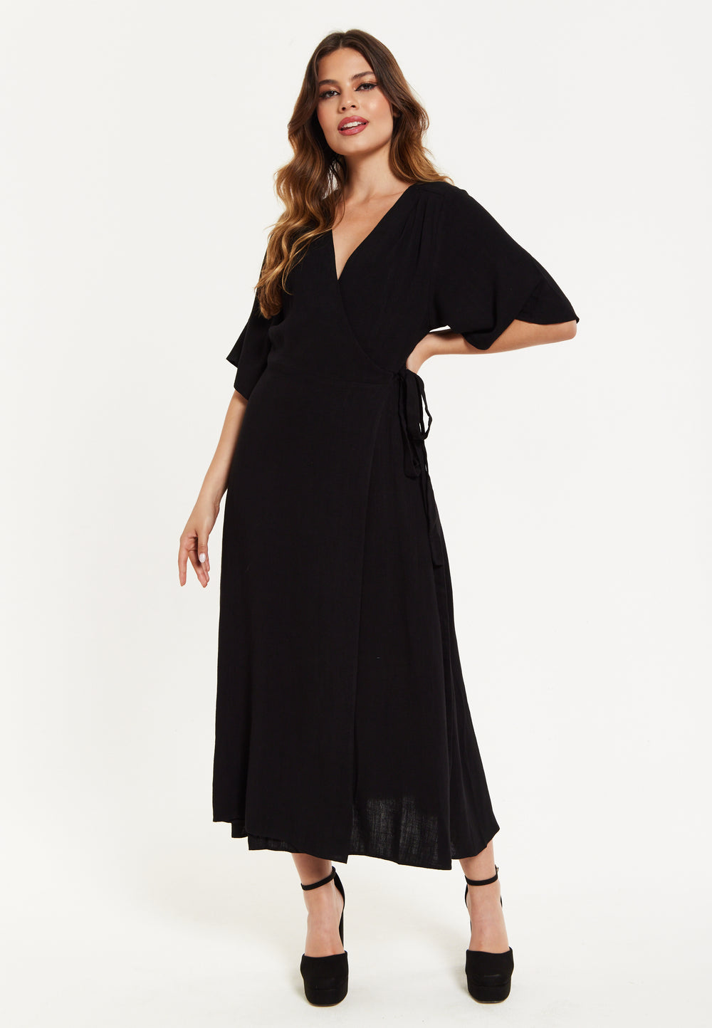 Women's Maxi Dress with Kimono Sleeves, V Neck, and Tie Waist - Black Liquorish