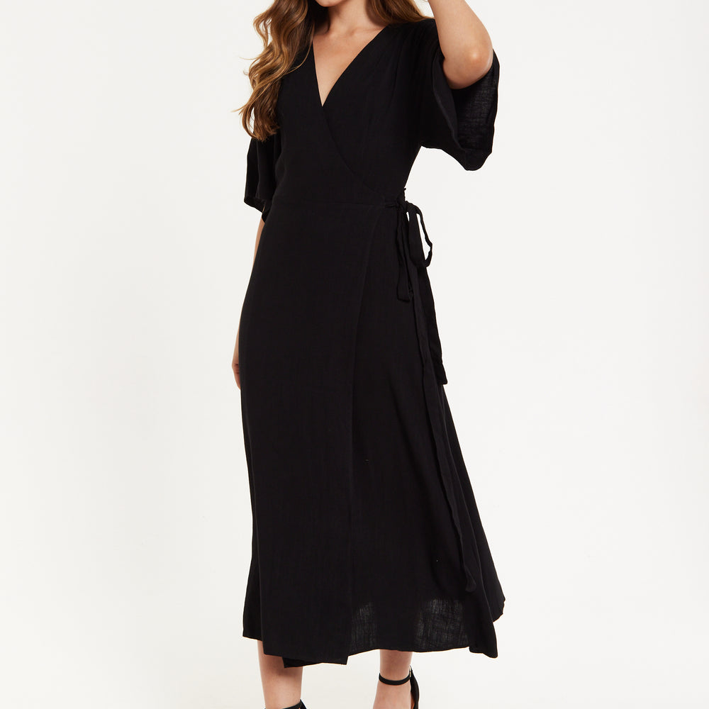 
                  
                    Women's Maxi Dress with Kimono Sleeves, V Neck, and Tie Waist - Black Liquorish
                  
                