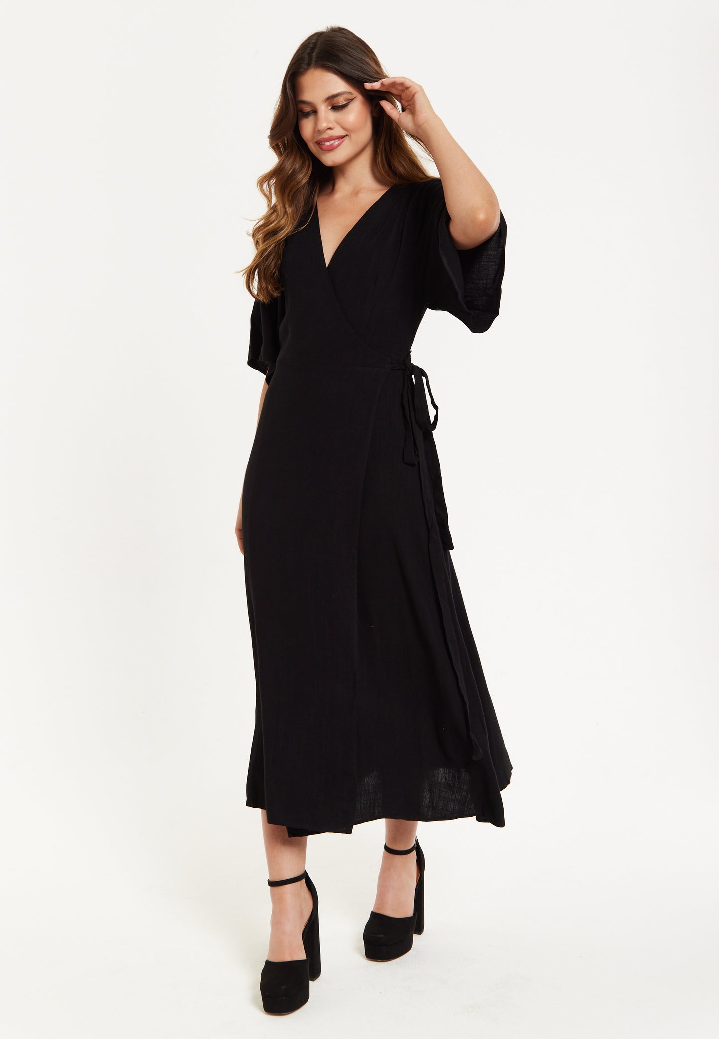 
                  
                    Women's Maxi Dress with Kimono Sleeves, V Neck, and Tie Waist - Black Liquorish
                  
                