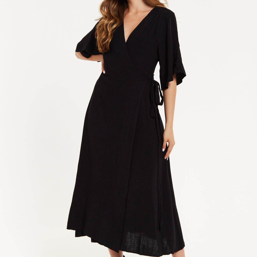 
                  
                    Women's Maxi Dress with Kimono Sleeves, V Neck, and Tie Waist - Black Liquorish
                  
                